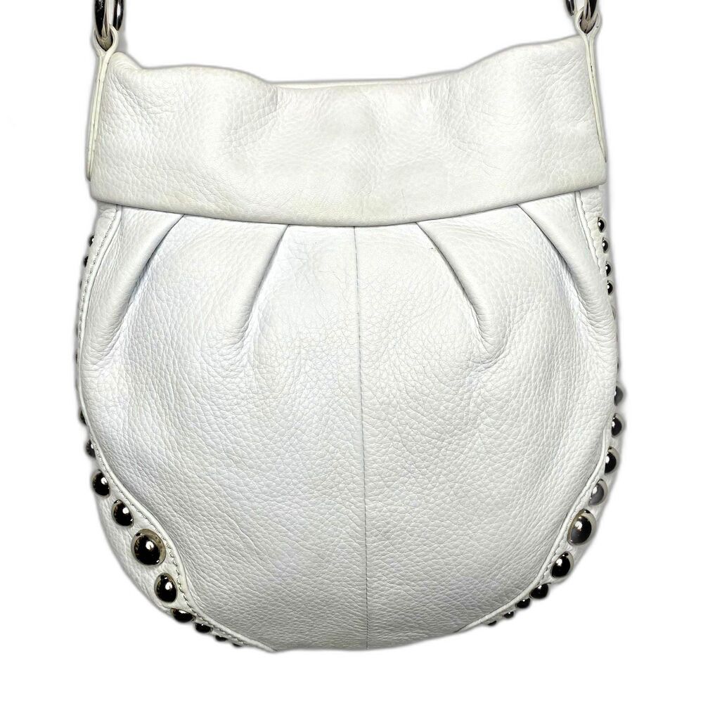 B Makowsky Leather Crossbody Bag Vintage Studded Pebbled White Adjustable Strap